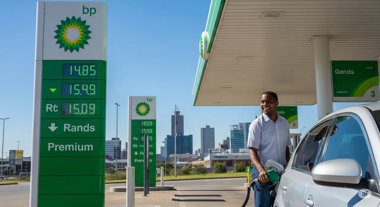 South African BP petrol station with clear blue skies, fuel price signs showing a slight decrease, a happy motorist filling up a sleek silver car, and distant city skyline in the background.