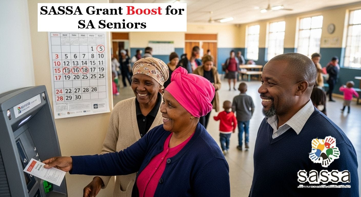 Happy South African SASSA pensioners receiving their increased 2025 grants at an ATM and community pay point, with a calendar in the background showing the new payment dates.